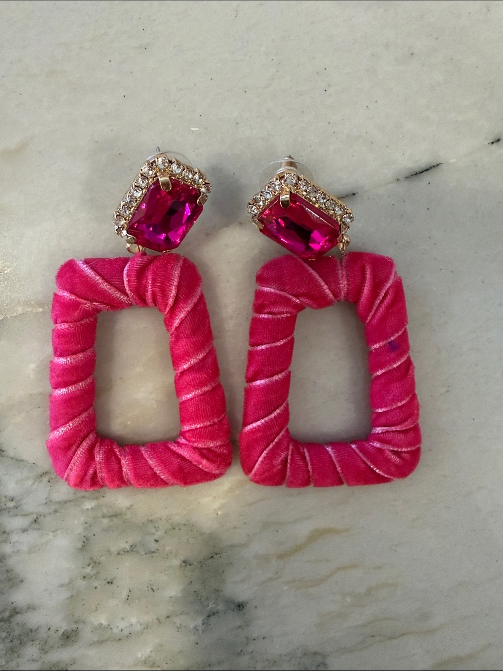 Hot Pink Velvet Drop Earrings with Crystal Stud